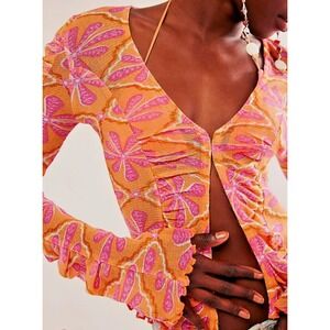 Free People‎ Size XS Through The Meadow Blouse Top Ruched Floral Long Sleeve